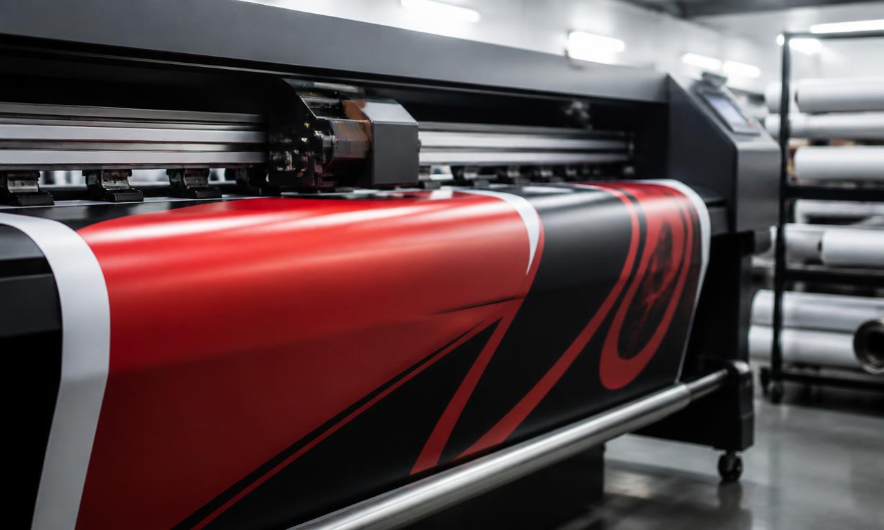 Imprimante grand format imprimant un rouleau d'autocollant rouge et noir