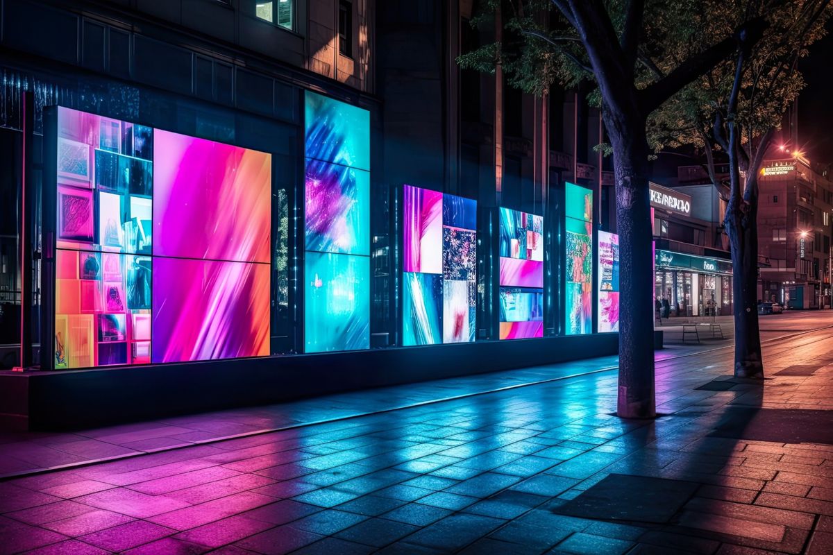 Écrans LED publicitaires allumés dans une rue la nuit